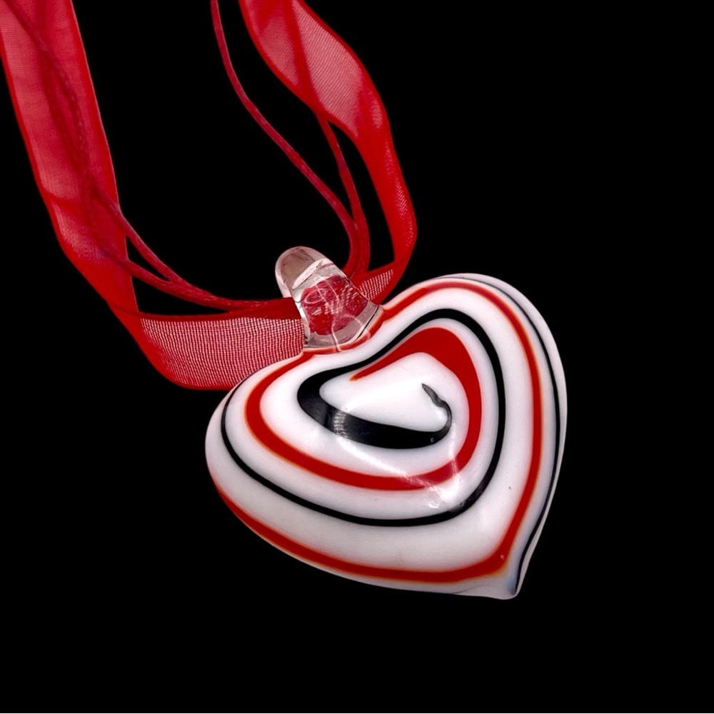 Vintage Patriotic Red White Blue Murano Glass Heart Pendant Necklace